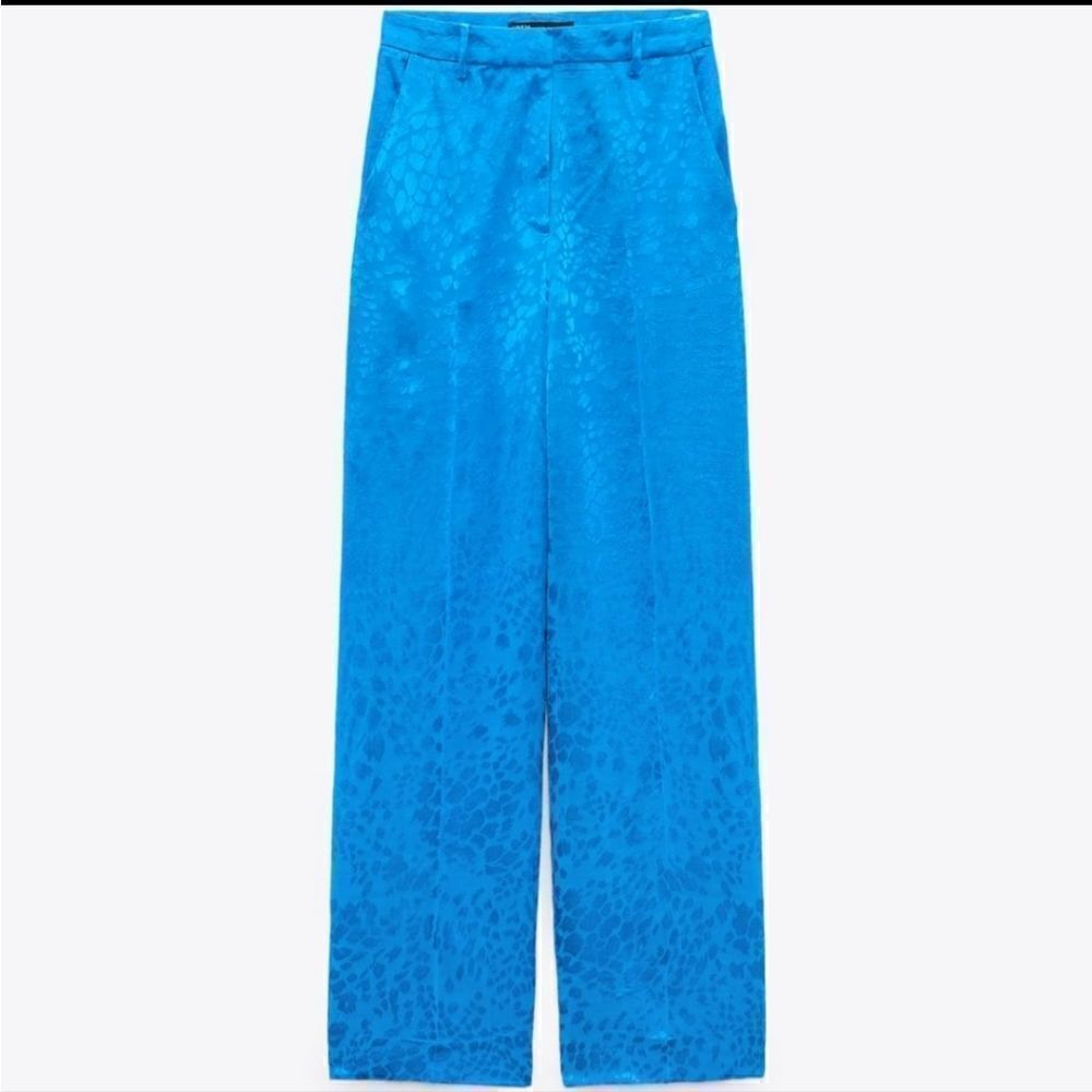 ZARA NWT TURQUOISE JACQUARD PANTS WIDE LEG - Picture 9 of 11